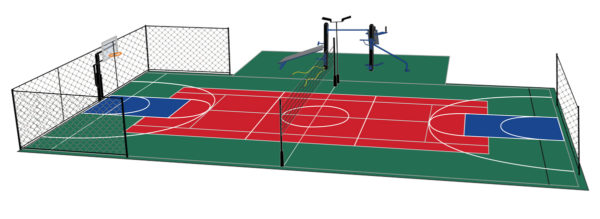 Multi-use backyard court with fitness stations